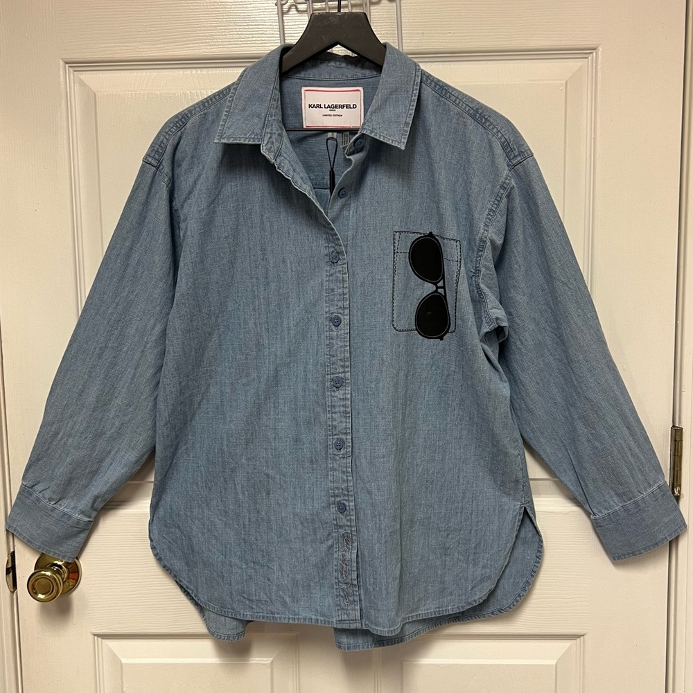 Karl Lagerfeld Paris Womens Denim Shirt with Pocket Detail